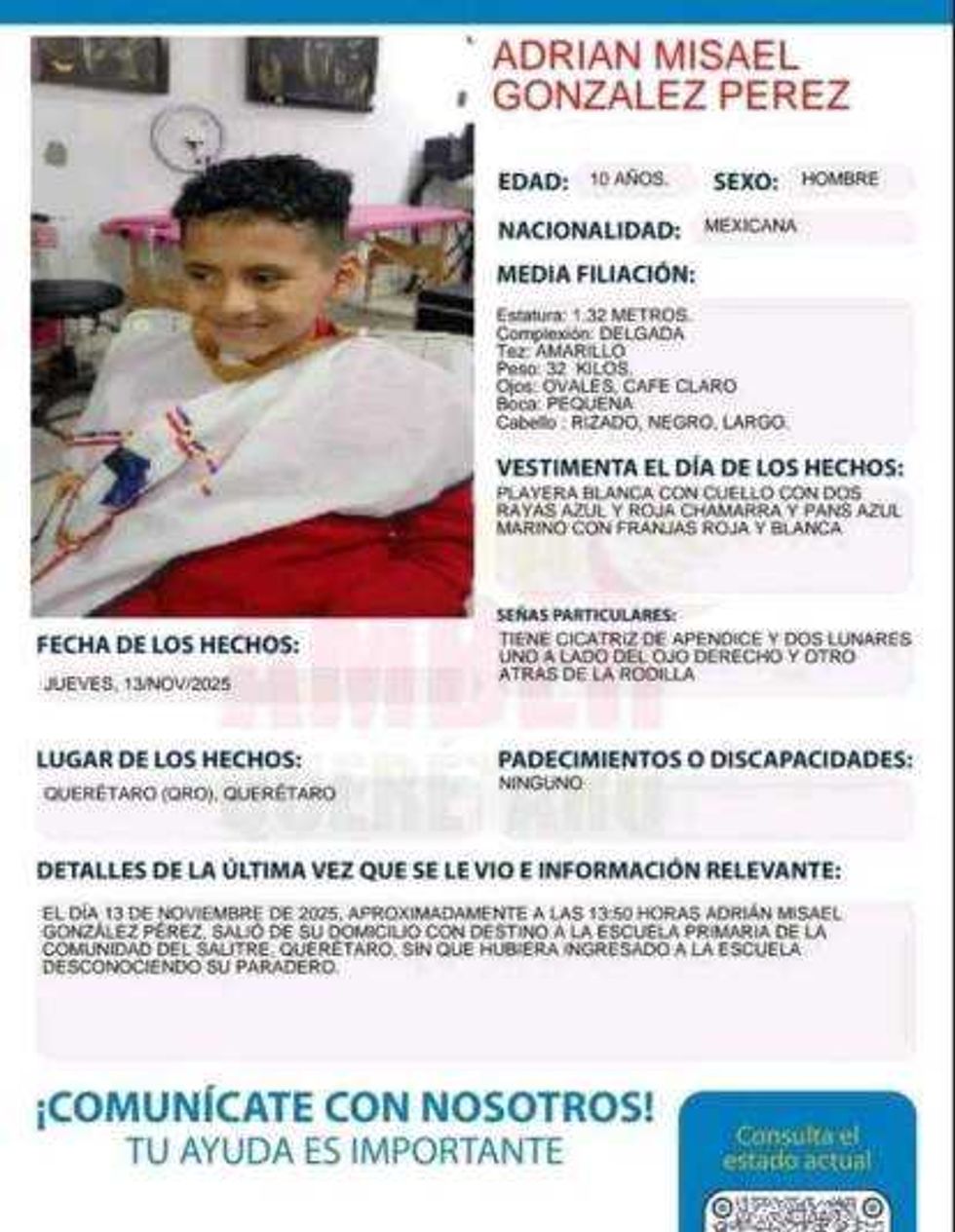 Adrián Misael González Pérez localizado sano y salvo tras desaparición en El Salitre, Querétaro.