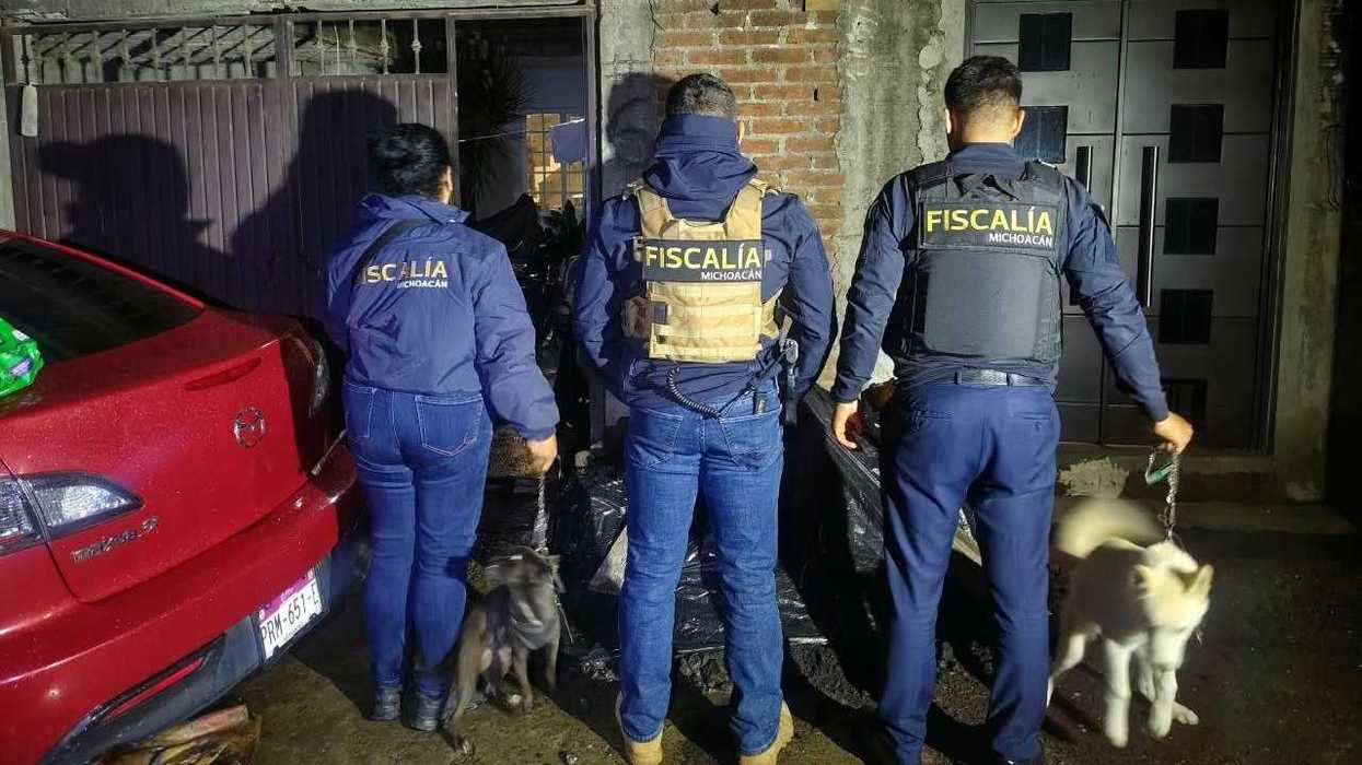 Agentes de la Fiscalía de Michoacán, de espaldas y de noche, frente a un domicilio con dos perros