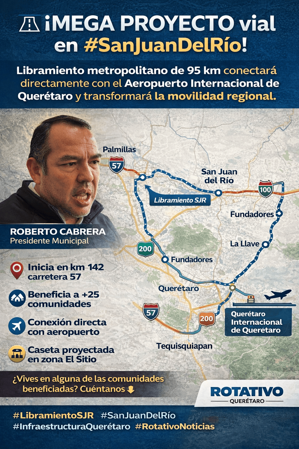 Alcalde Roberto Cabrera Valencia anuncia libramiento metropolitano de 95 km en San Juan del R\u00edo.