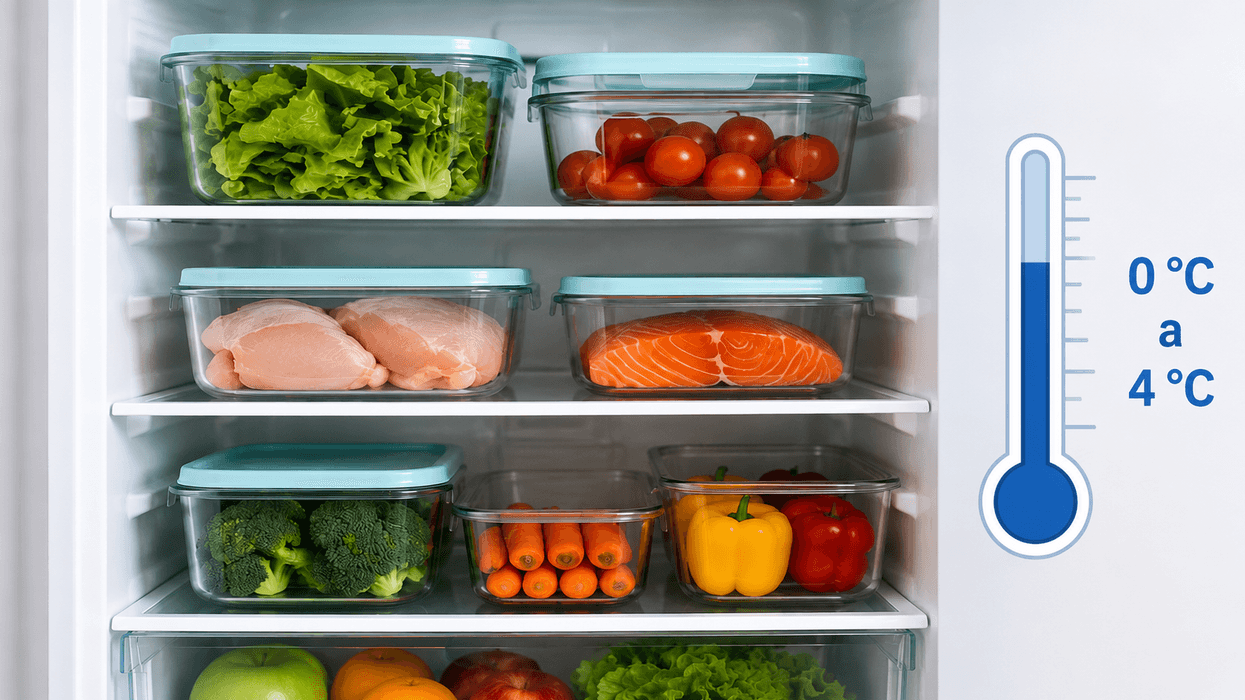 Alimentos perecederos almacenados en refrigeración para conservar la cadena de frío y reducir el riesgo de enfermedades transmitidas por alimentos.