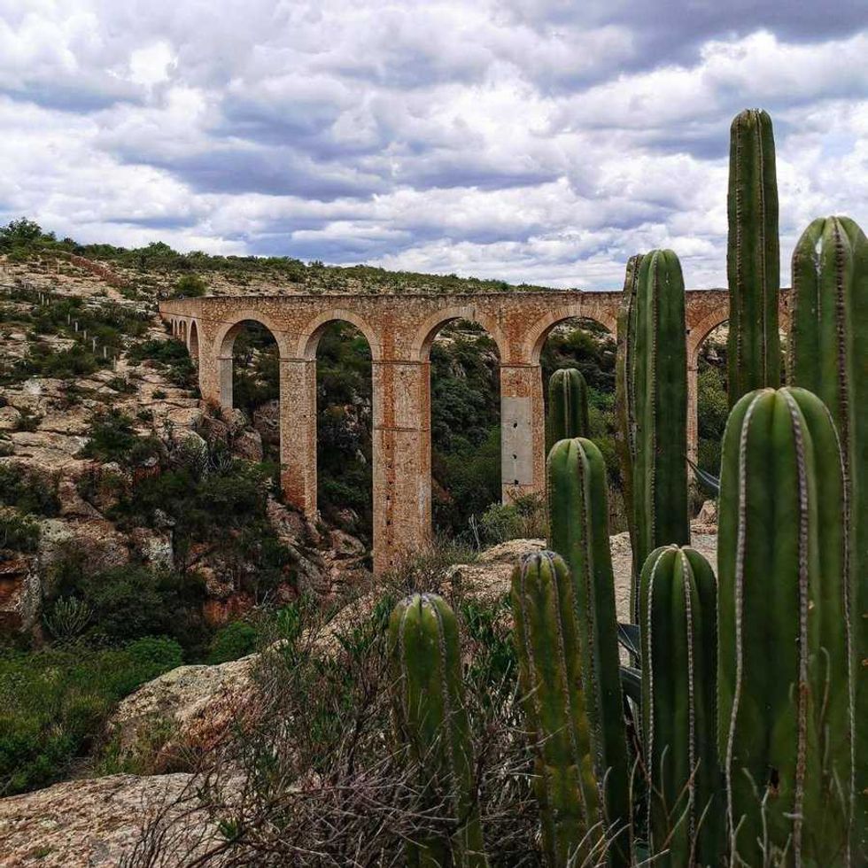 Arcos de piedra de un acueducto entre cact\u00e1ceas columnares en Huichapan, Hidalgo