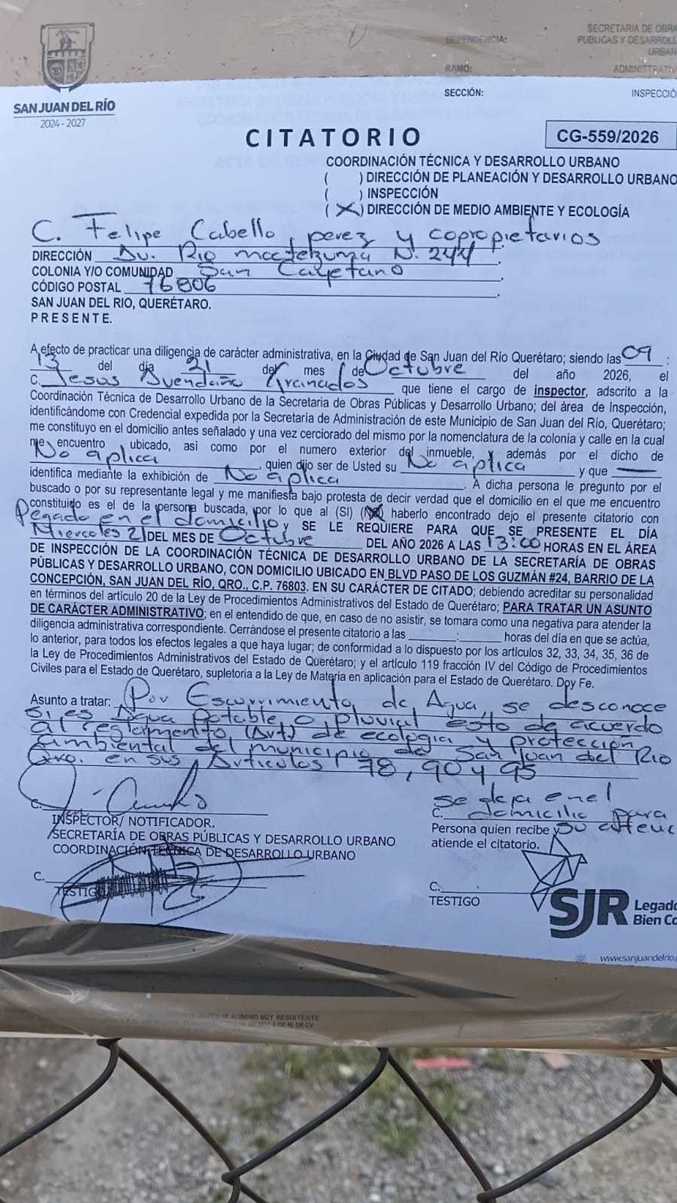 Aviso de la JAPAM dirigido a Felipe Cabello P\u00e9rez con multa por da\u00f1ar la infraestructura y hacer descargas a cielo abierto