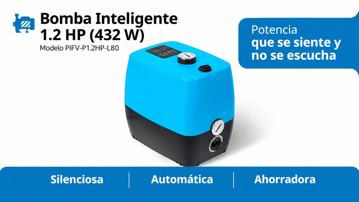 Bomba inteligente de agua azul y negro con panel de control y conexiones, equipo de presurización para uso doméstico