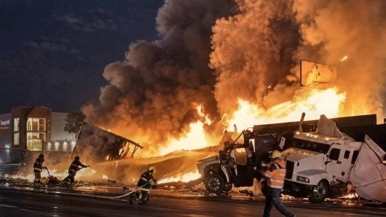 Bomberos combaten el incendio de tractocamiones sobre la carretera México-Toluca, en Lerma, mientras una columna de humo y fuego cubre la escena