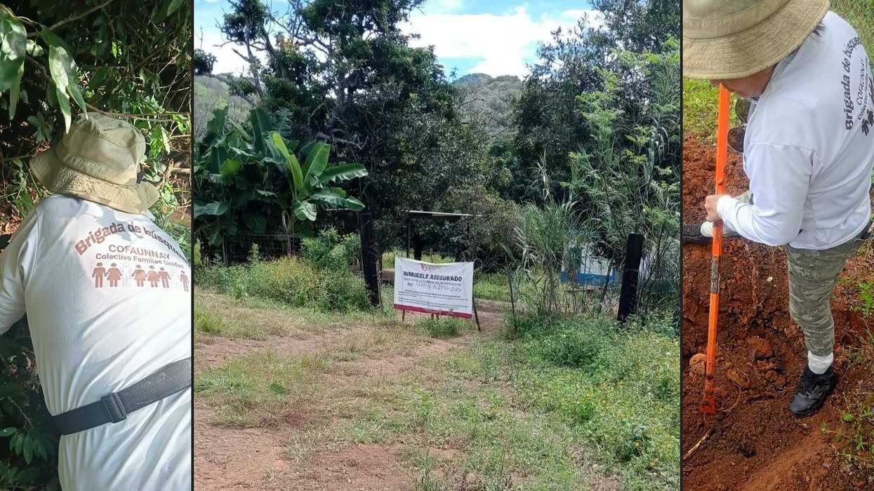 Brigadistas de búsqueda y predio asegurado por la Fiscalía de Nayarit en La Curva, Xalisco, donde hallaron restos óseos