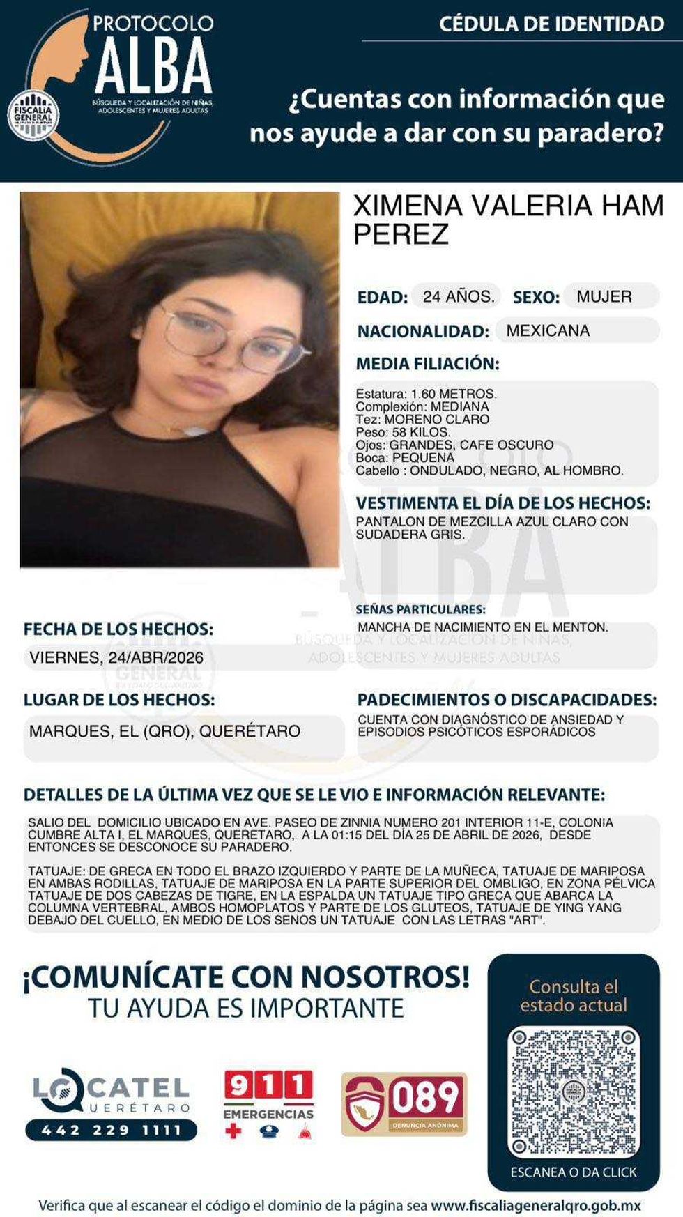C\u00e9dula de identidad del Protocolo Alba de Ximena Valeria Ham P\u00e9rez, mujer de 24 a\u00f1os desaparecida en la colonia Cumbre Alta I de El Marqu\u00e9s, Quer\u00e9taro, desde el 25 de abril de 2026