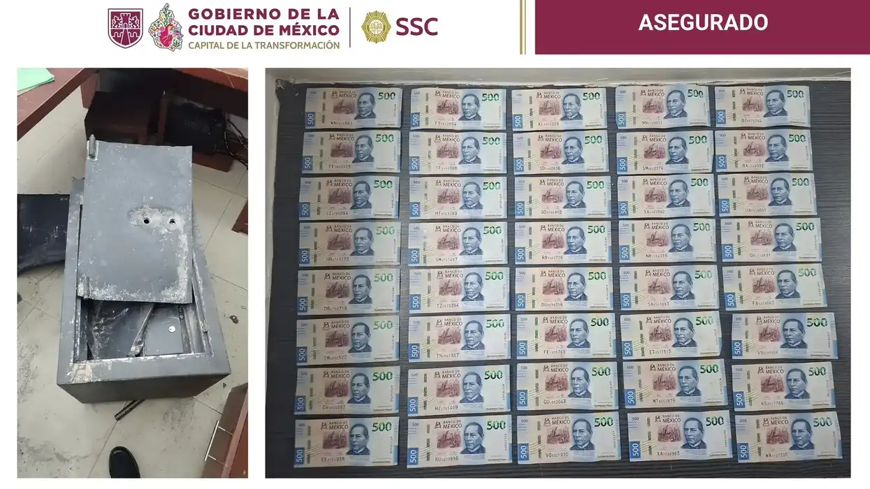 Caja fuerte forzada y fajos de billetes de 500 pesos asegurados por la SSC en un operativo en la Central de Abasto, Iztapalapa