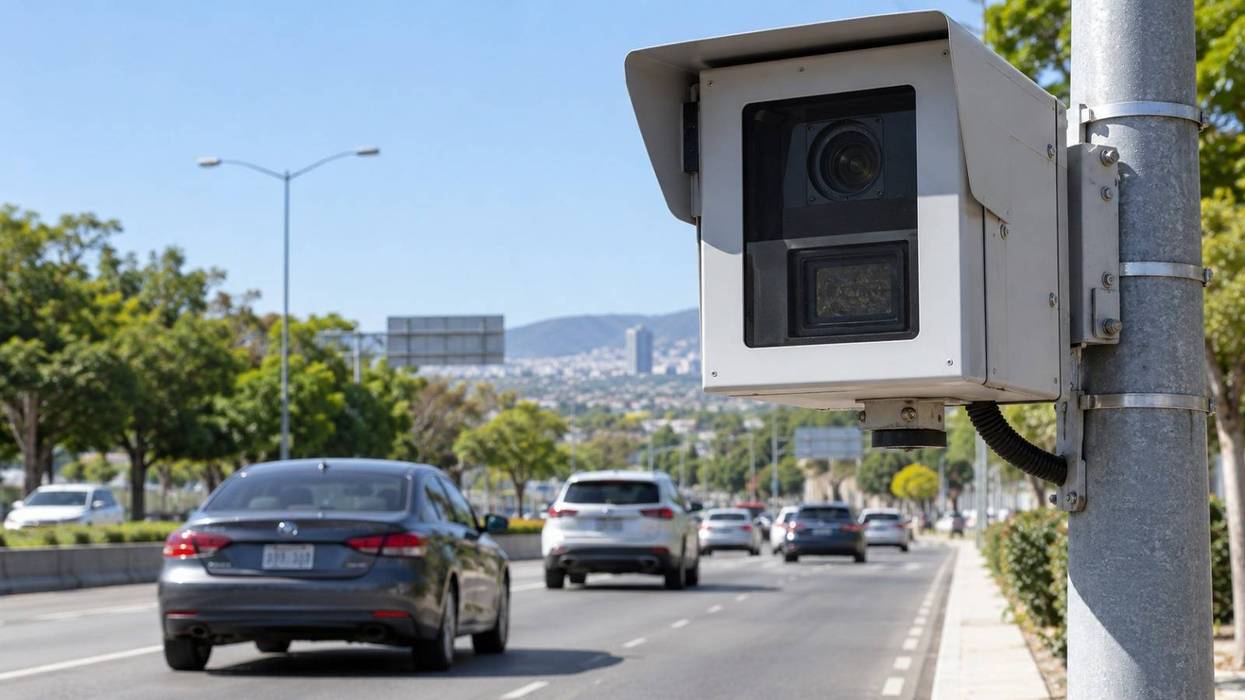Cámara de fotomulta montada en un poste a un costado de una avenida con autos en circulación, en una imagen ilustrativa del sistema de fotomultas en Querétaro.