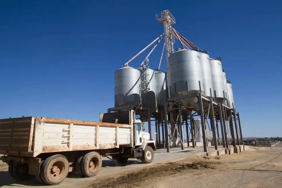Cami\u00f3n de carga permanece frente a silos utilizados para almacenar granos.