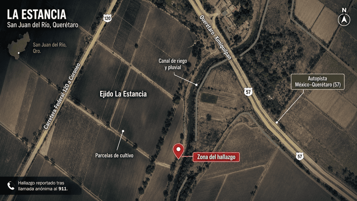 Camino de terracería entre parcelas de cultivo en el ejido La Estancia, San Juan del Río, donde fue localizado un hombre sin vida con huellas de tortura