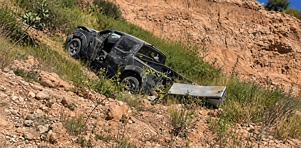 Camioneta pick up negra sobre la ladera de un banco de tepetate, con una puerta abierta y una pieza met\u00e1lica desprendida a un costado.