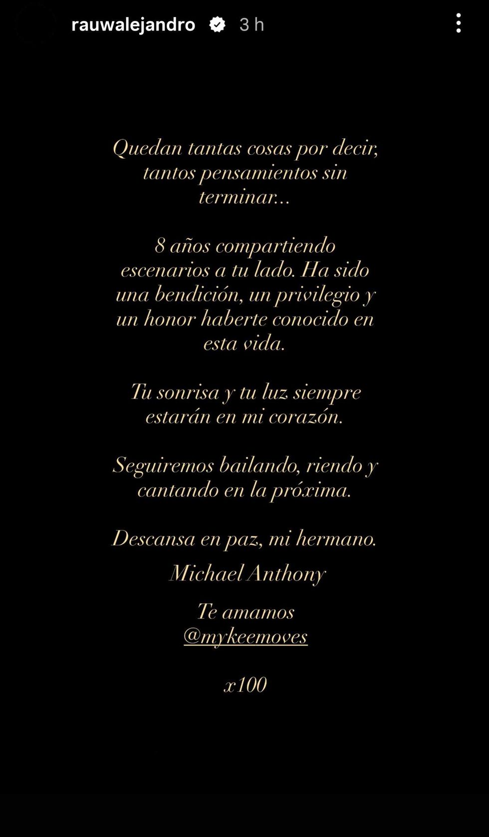 Captura de una historia de Instagram de Rauw Alejandro con un mensaje de despedida para Mykee, etiquetando la cuenta