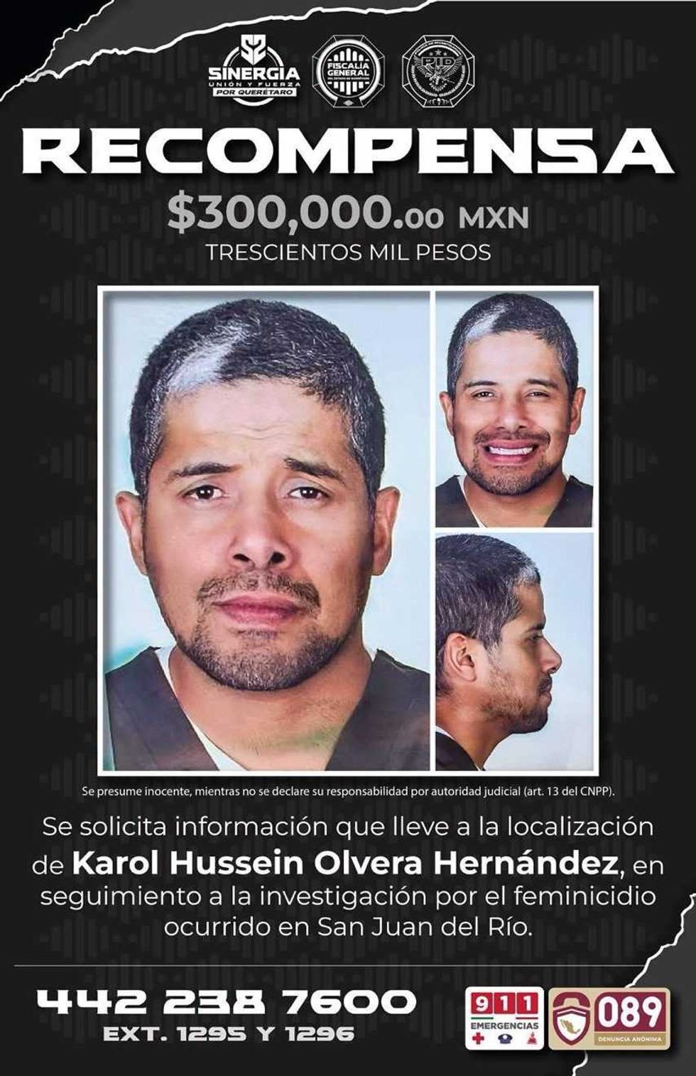 Cartel de recompensa con fotograf\u00edas de frente y perfil de Karol Hussein Olvera Hern\u00e1ndez, buscado por la FGE Quer\u00e9taro