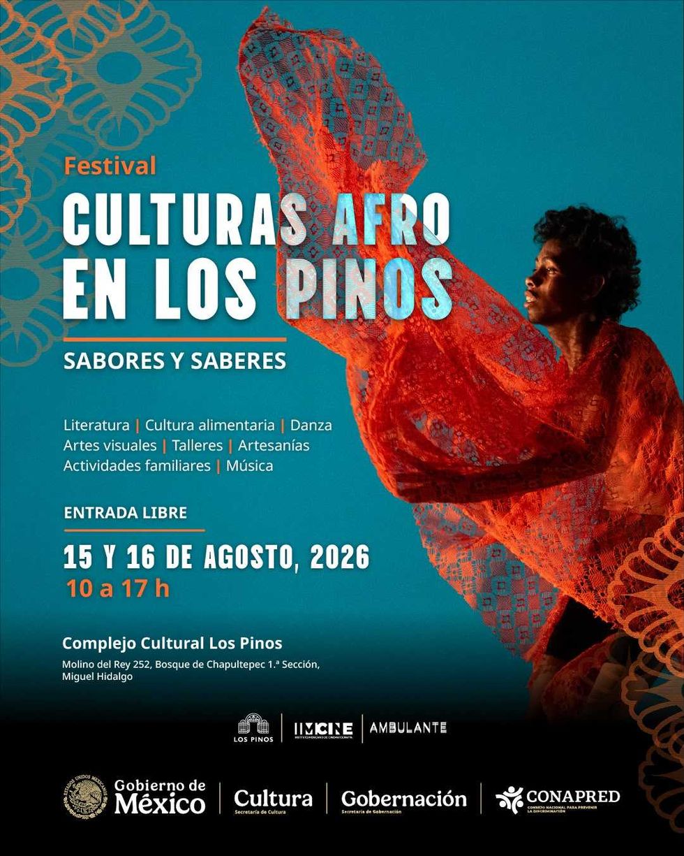 Cartel oficial del Festival "Culturas Afro en Los Pinos: Sabores y Saberes", que se realizar\u00e1 el 15 y 16 de agosto de 2026 en el Complejo Cultural Los Pinos.