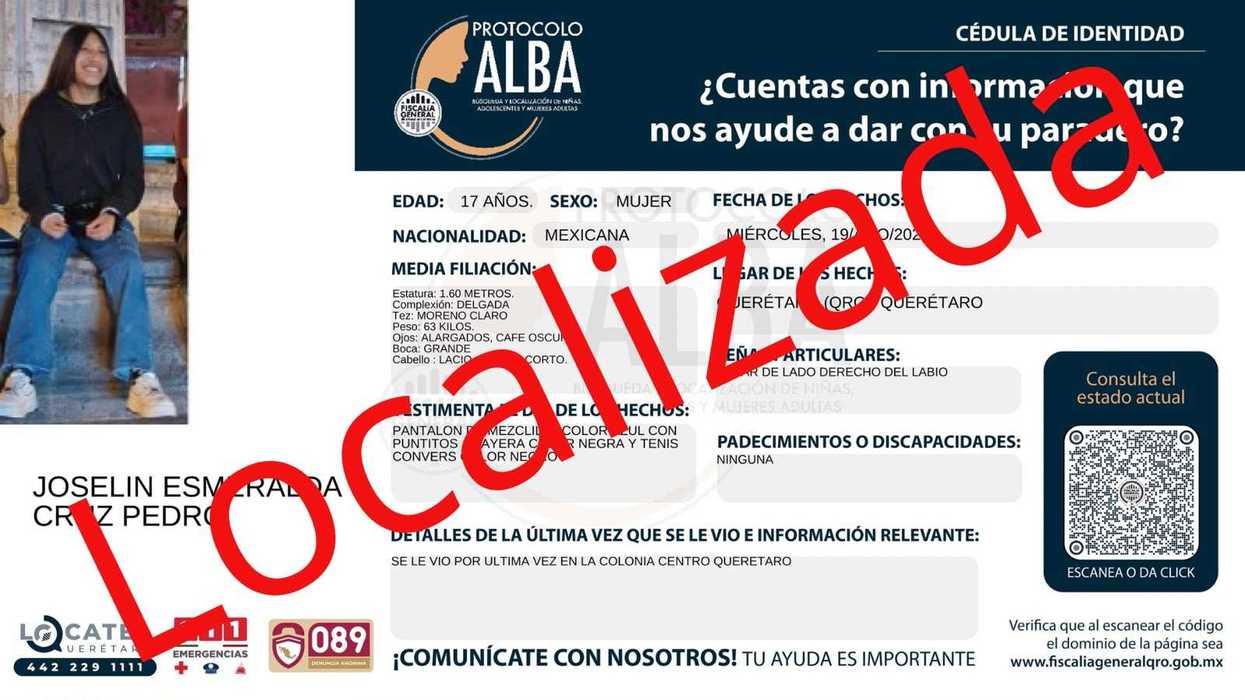 Cédula del Protocolo ALBA de la Fiscalía de Querétaro con sello de localización sobre la ficha de búsqueda de la menor
