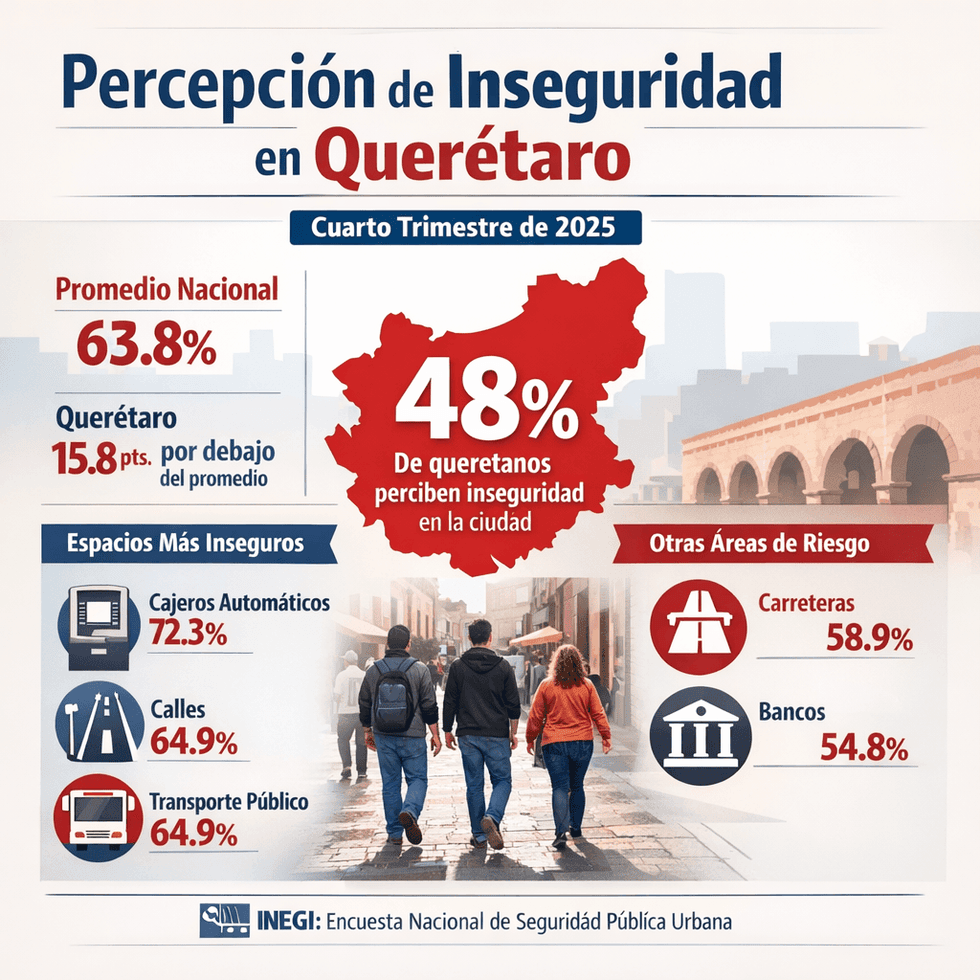 Ciudadanos transitan por calles del centro de Quer\u00e9taro donde percepci\u00f3n de inseguridad alcanza 48% seg\u00fan encuesta INEGI