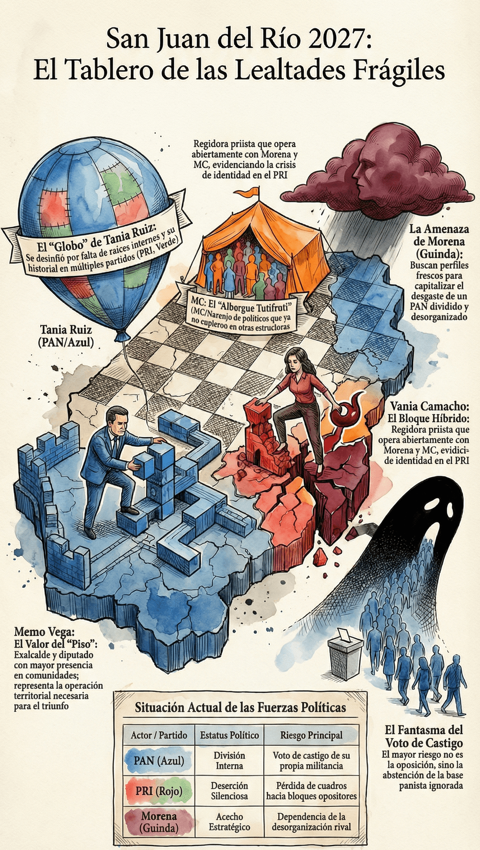 Columna de an\u00e1lisis pol\u00edtico sobre las elecciones 2027 en San Juan del R\u00edo, Quer\u00e9taro, con panorama de partidos y candidaturas