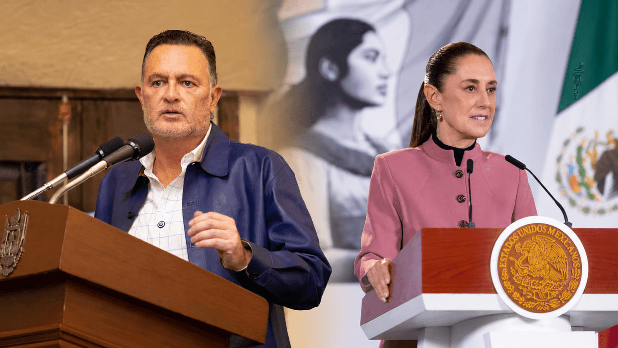 Composición de dos fotografías en la que el gobernador de Querétaro, Mauricio Kuri González, y la presidenta de México, Claudia Sheinbaum Pardo, hablan desde sus respectivos podios, antes de la reunión sobre proyectos de vivienda.