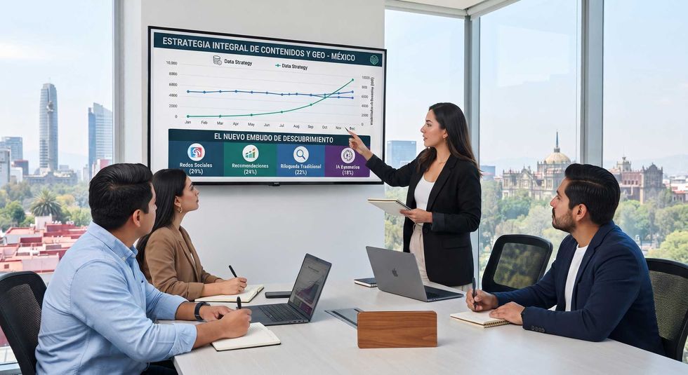 Consultora presenta en pantalla una gr\u00e1fica de estrategia de contenidos y GEO y el embudo de descubrimiento de marcas con IA generativa en M\u00e9xico