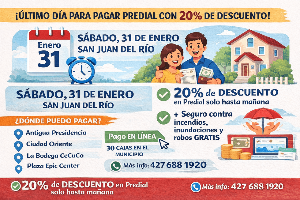 Contribuyentes realizan pago de predial con 20% de descuento en cajas receptoras de San Juan del R\u00edo \u00faltimo d\u00eda enero 2026