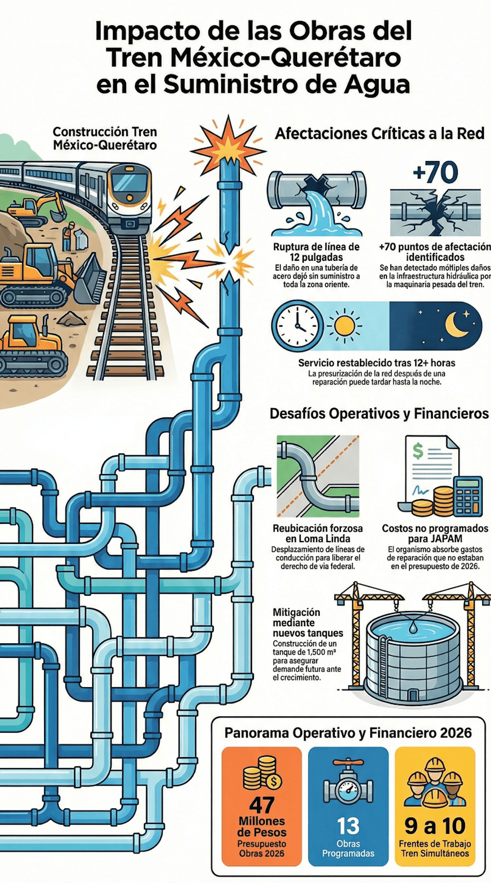 Cuadrilla de la JAPAM repara l\u00ednea de conducci\u00f3n de 12 pulgadas rota por obras del tren M\u00e9xico-Quer\u00e9taro en San Juan del R\u00edo