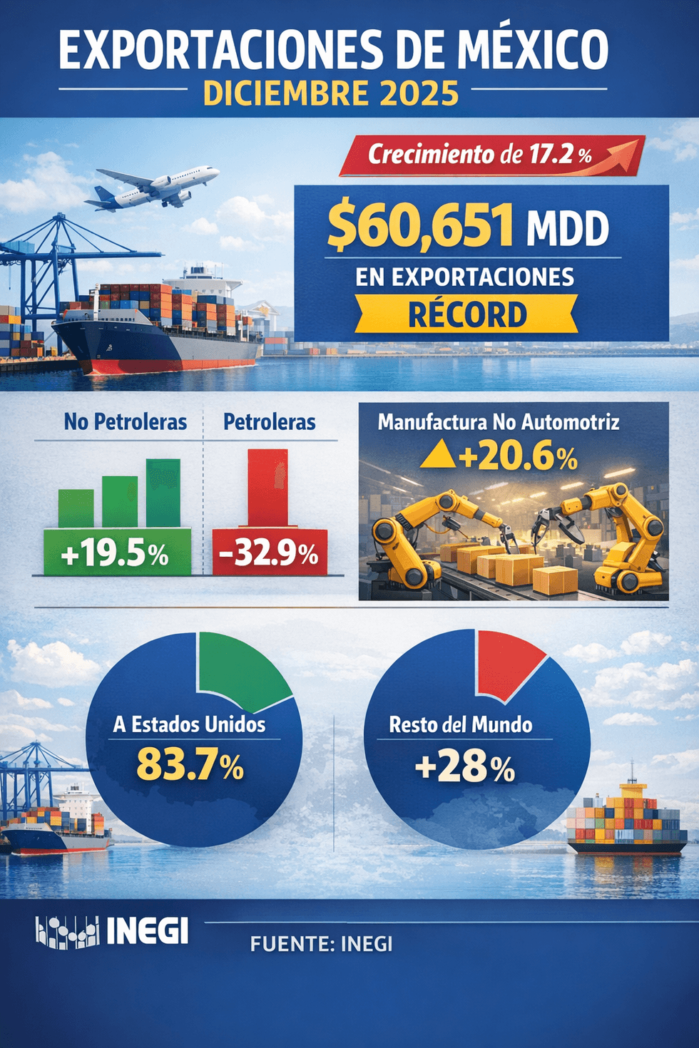 Datos estad\u00edsticos de exportaciones de M\u00e9xico en diciembre 2025 con crecimiento de 17.2 por ciento