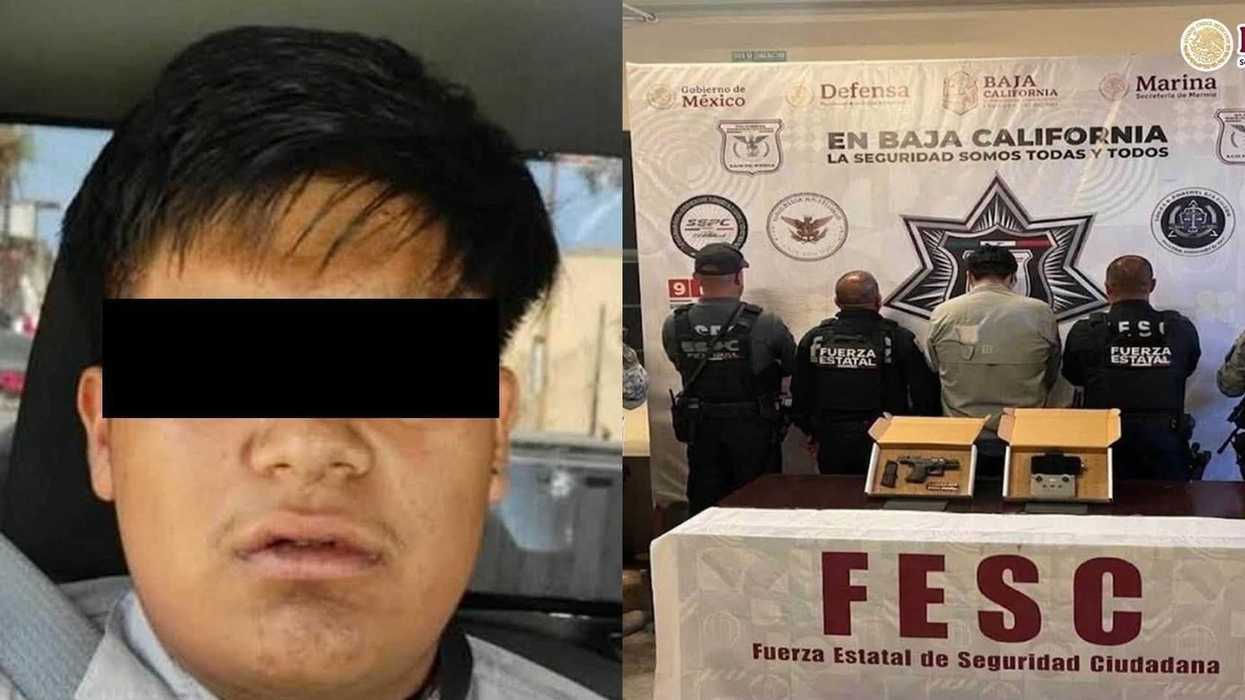 Detenido con el rostro cubierto es presentado junto a arma y control de dron asegurados en Tijuana