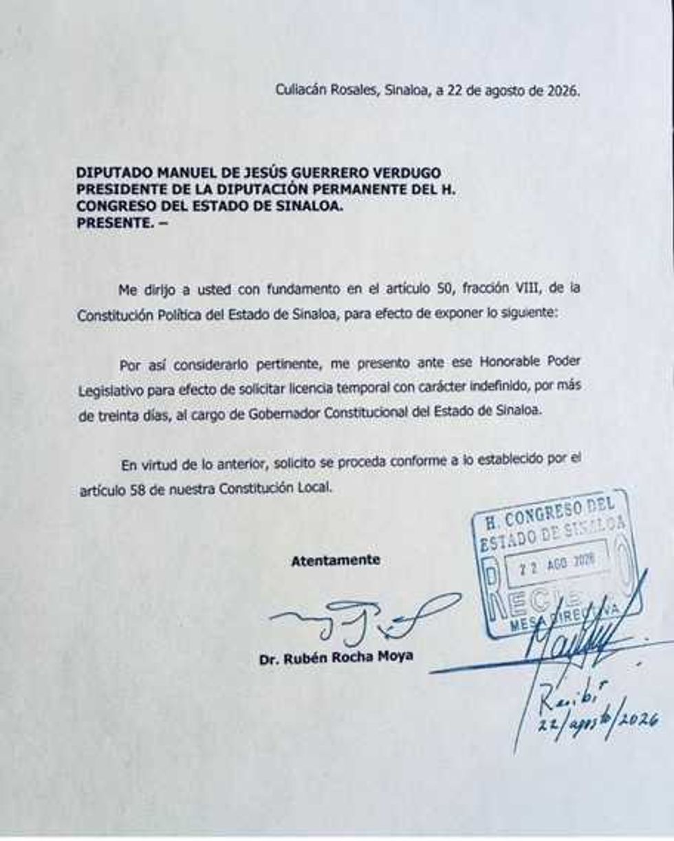 Documento firmado por Rub\u00e9n Rocha Moya en el que solicita al Congreso de Sinaloa licencia temporal con car\u00e1cter indefinido para separarse del cargo de gobernador.