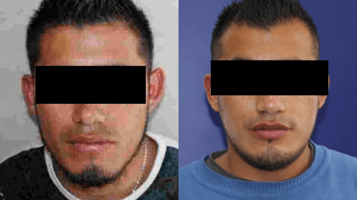 Dos retratos de hombres con el rostro cubierto por una barra negra, difundidos por la Fiscalía General del Estado de Oaxaca