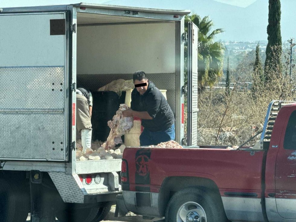 El producto c\u00e1rnico queda expuesto a la intemperie sobre la batea met\u00e1lica, sin recipientes cerrados ni cadena de fr\u00edo, antes de llegar a puestos de v\u00eda p\u00fablica