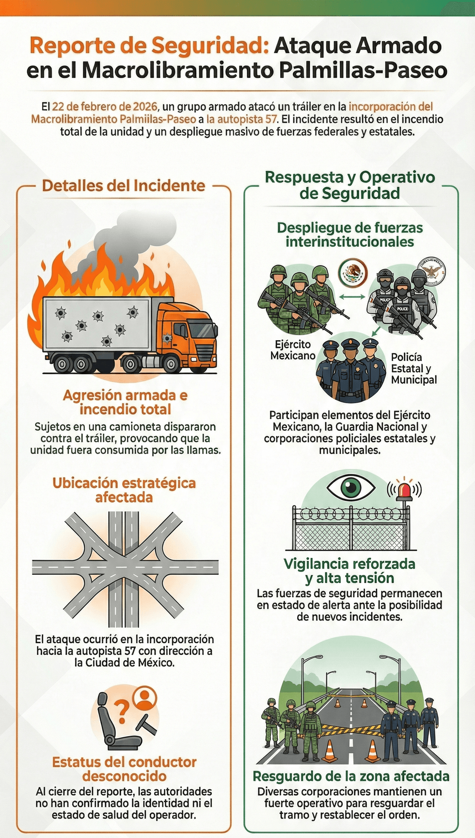 El tr\u00e1iler qued\u00f3 consumido por el fuego tras recibir disparos de hombres armados en la incorporaci\u00f3n a la autopista.