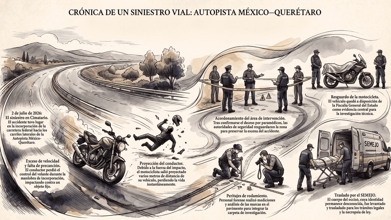 Elementos de emergencia y seguridad resguardan la zona donde un motociclista perdió la vida tras un accidente en los carriles laterales de la autopista México–Querétaro, a la altura de Cimatario.