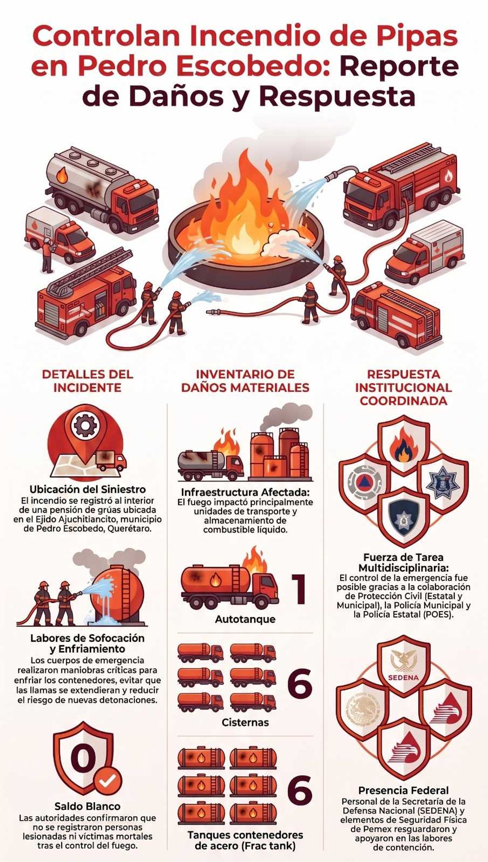 Elementos de Protecci\u00f3n Civil y cuerpos de emergencia combaten un incendio en una pensi\u00f3n de gr\u00faas con pipas de combustible en el Ejido Ajuchitlancito, en Pedro Escobedo.