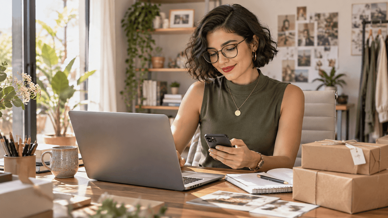 Emprendedora revisa ventas y servicios digitales en su computadora portátil