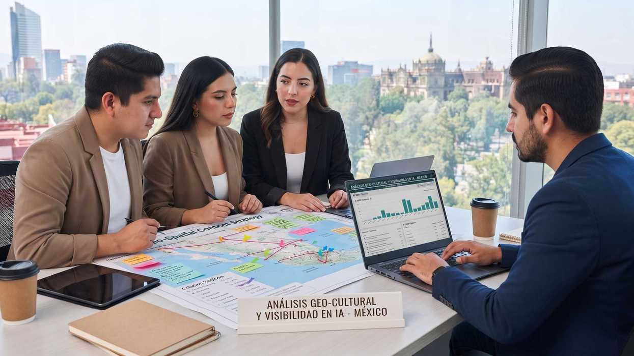 Equipo de marketing revisa un mapa de estrategia de contenidos y un tablero de citas en IA durante una reunión de análisis GEO en México