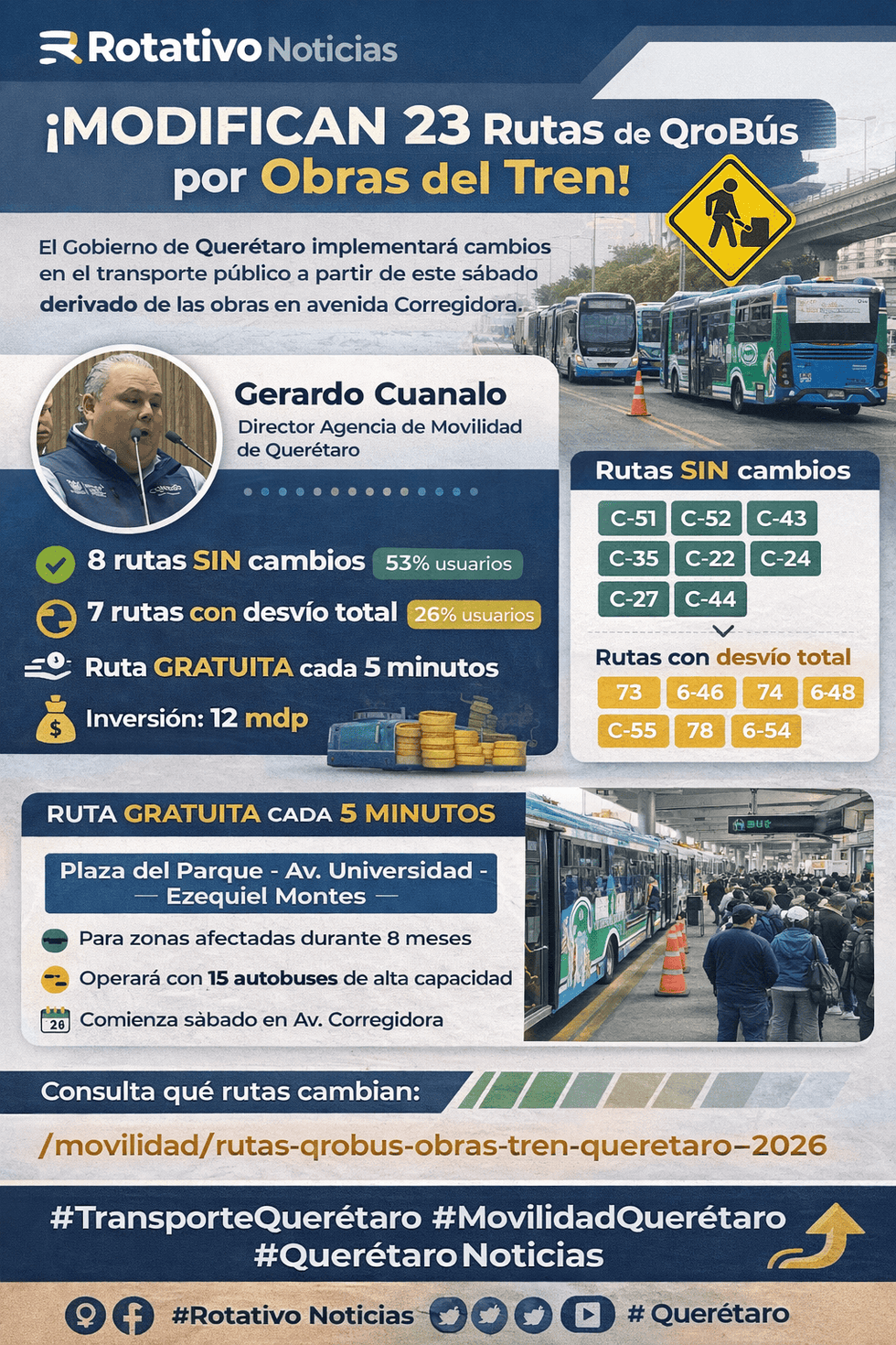 Felipe Mac\u00edas y Erick Gudi\u00f1o durante anuncio de modificaciones a rutas de QroB\u00fas en Quer\u00e9taro.