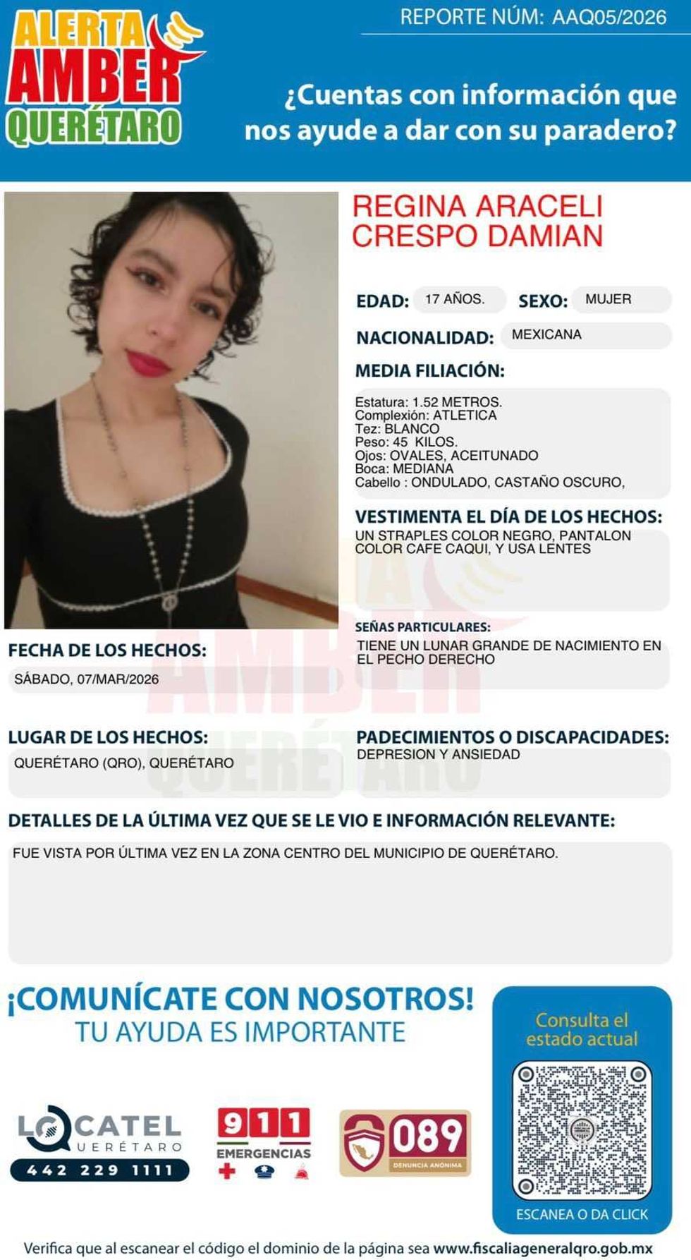 Ficha de Alerta Amber AAQ05/2026 con fotograf\u00eda de Regina Araceli Crespo Dami\u00e1n, menor de 17 a\u00f1os desaparecida en Quer\u00e9taro