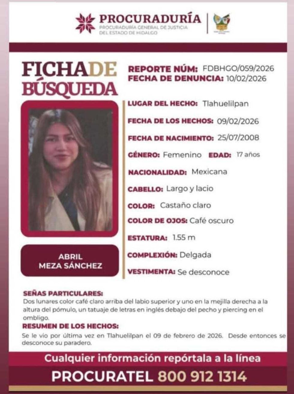 Ficha de b\u00fasqueda de Abril Meza S\u00e1nchez, joven desaparecida en Tlahuelilpan, Hidalgo, emitida por la Procuradur\u00eda estatal