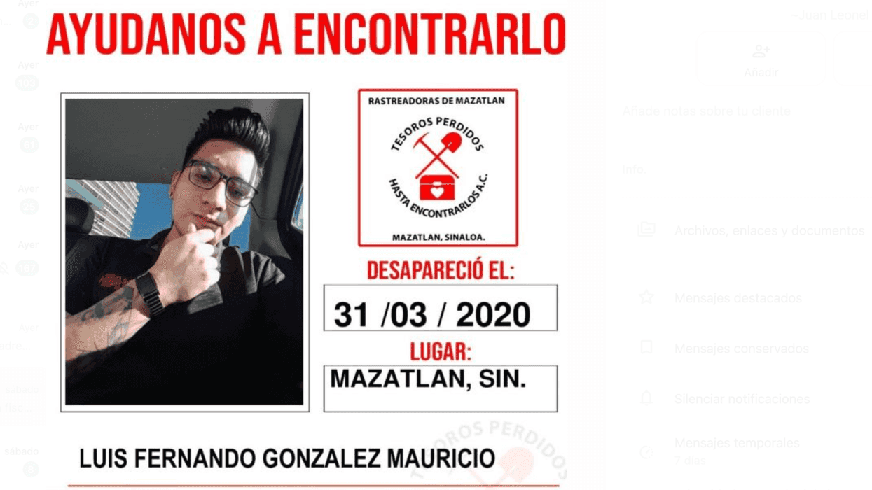 Ficha de búsqueda de Luis Fernando González Mauricio, sanjuanense desaparecido en Mazatlán, Sinaloa, desde 2020