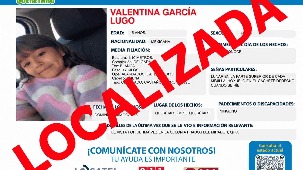 Ficha de la Alerta AMBER de Valentina García Lugo, de cinco años, con el sello rojo de “Localizada”