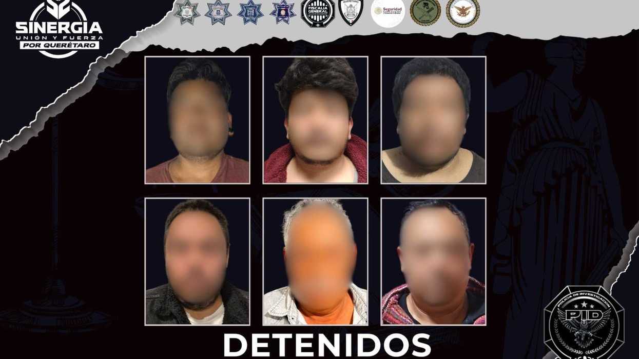 Ficha de la Fiscalía de Querétaro con seis personas detenidas en cateos de Sinergia, con rostros difuminados