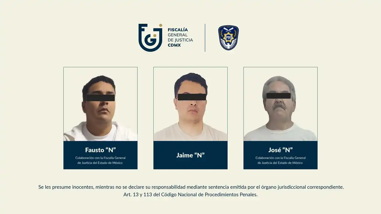 Ficha de presentación de la Fiscalía General de Justicia de la CDMX con los tres hombres vinculados a proceso por secuestros exprés en taxi en colonias del centro de la ciudad