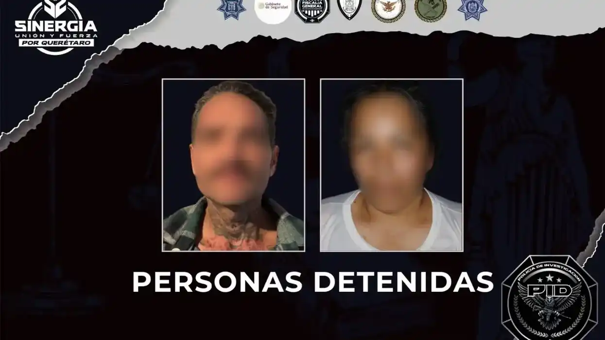 Ficha institucional de la estrategia Sinergia por Querétaro con dos imágenes difuminadas bajo la leyenda "Personas detenidas".