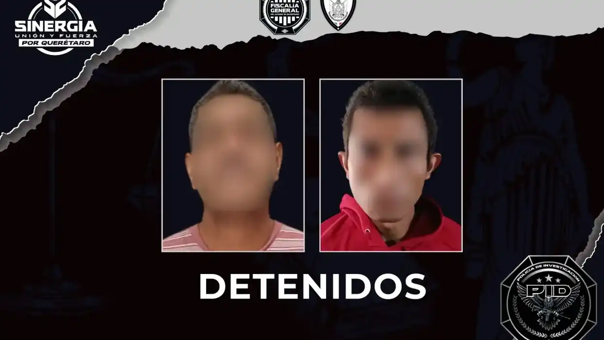 Ficha institucional de la Fiscalía de Querétaro con los rostros difuminados de dos hombres presentados como detenidos