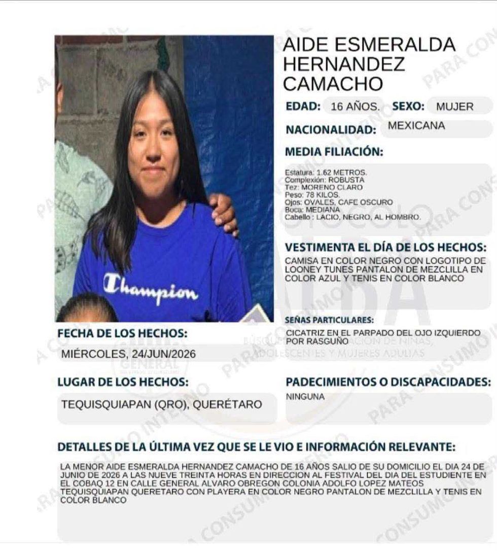 Ficha oficial de b\u00fasqueda de Aide Esmeralda Hern\u00e1ndez Camacho, menor de 16 a\u00f1os desaparecida en Tequisquiapan