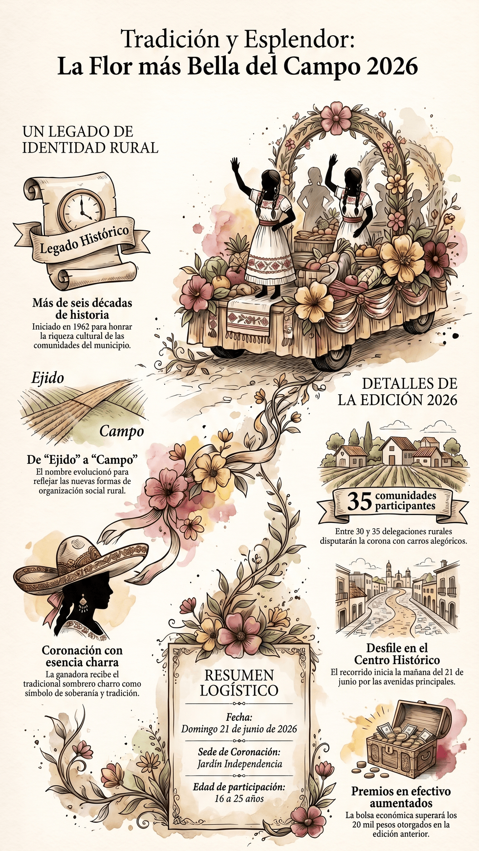Flor m\u00e1s Bella del Campo San Juan del R\u00edo 2026 desfile carros aleg\u00f3ricos 35 comunidades rurales