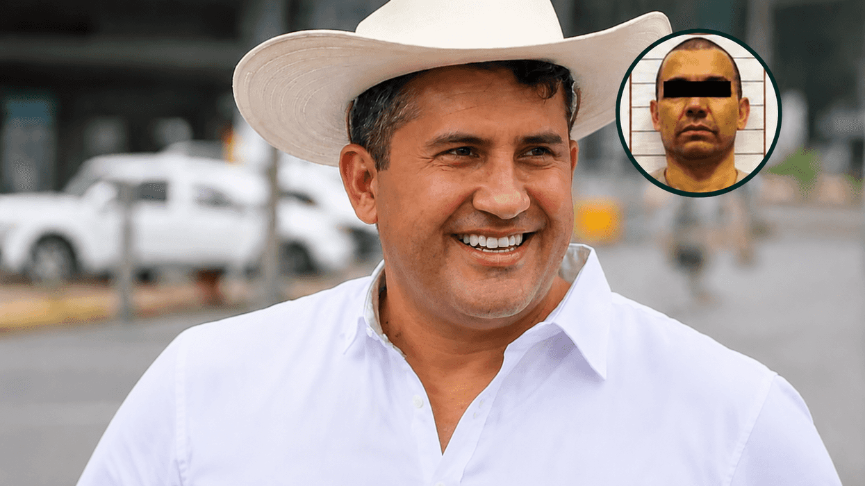 Fotograf\u00eda de Carlos Manzo, exalcalde de Uruapan, sonriendo con sombrero blanco; en recuadro circular superior derecho, fotograf\u00eda de la persona detenida como presunta autora intelectual de su homicidio, identificada como "R1", con los ojos cubiertos.