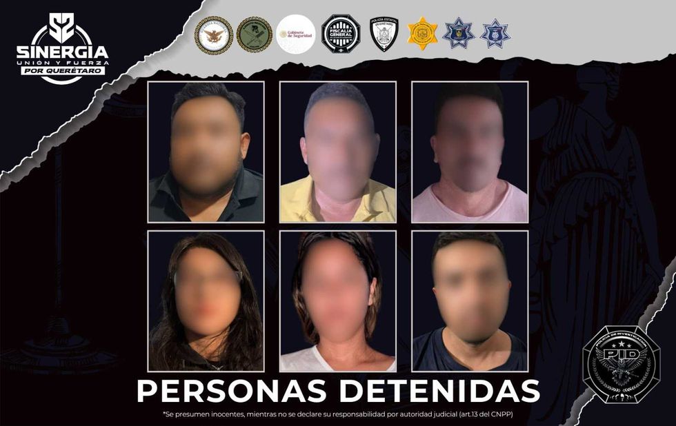 Fotograf\u00edas de las seis personas detenidas durante los cateos de Sinergia por Quer\u00e9taro, con rostro difuminado por la propia fuente.