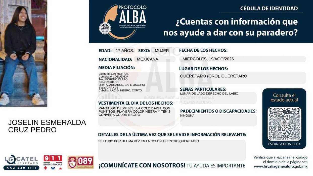 Fotografía de Joselin Esmeralda Cruz Pedro, joven de 17 años buscada mediante el Protocolo Alba en Querétaro