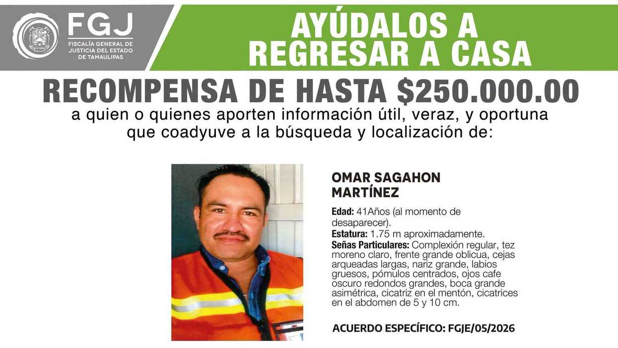 Fotografía de Omar Sagahón Martínez, buscado por FGJ Tamaulipas con recompensa de $250 mil pesos